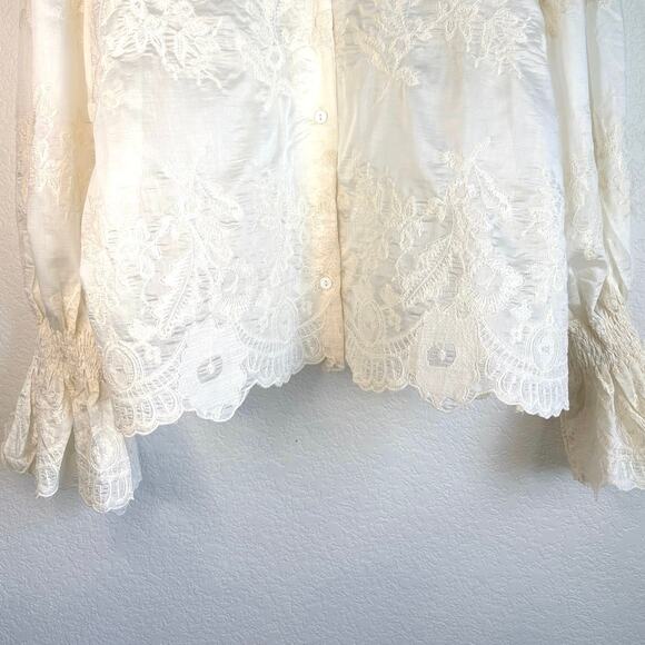 Taelynn Sheer Ivory Long Sleeve Button Down Blouse V Neck Ruffle Collar Sz Med - Picture 5 of 11